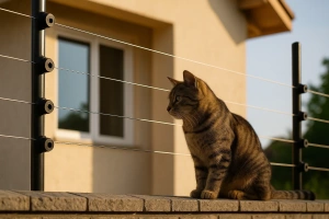 gato observando junto un cerco eléctrico