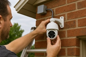 técnico instalando cámaras de seguridad en el exterior