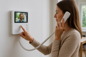 Persona utilizando un intercomunicador en el interior de su casa