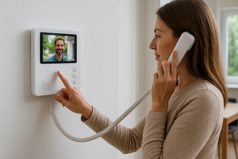 Persona utilizando un intercomunicador en el interior de su casa