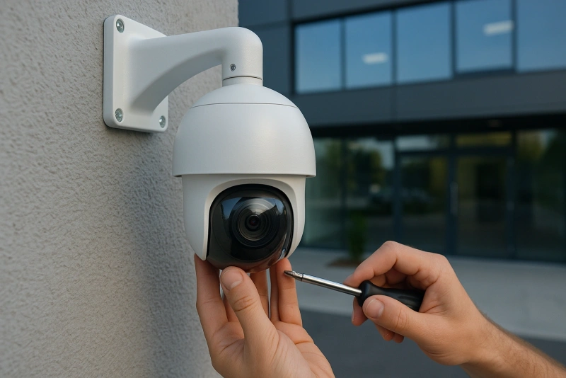 técnico instalando cámaras de videovigilancia en una empresa moderna
