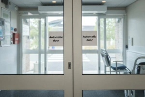 Puerta automática de vidrio en entrada de oficina moderna