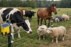 Vacas y ovejas controladas por cerco eléctrico ganadero