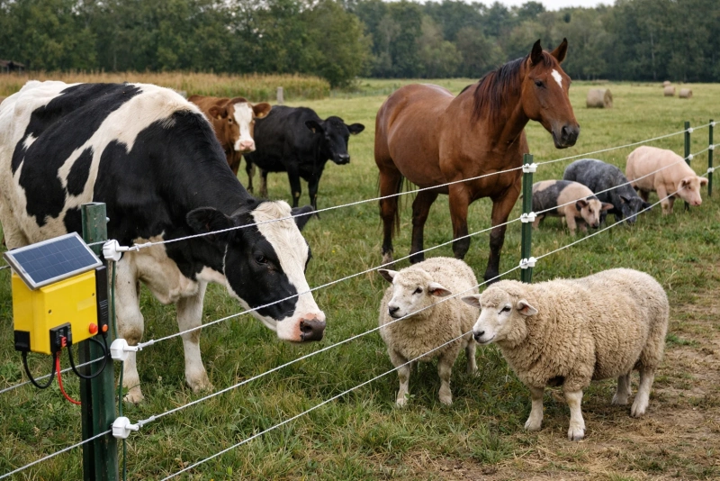 Vacas y ovejas controladas por cerco eléctrico ganadero