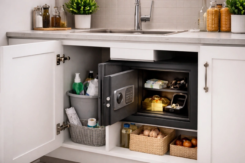Caja fuerte instalada en baño o cocina del hogar