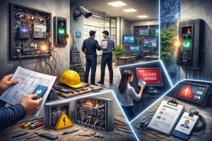 Persona instalando un sistema de control de acceso en puerta