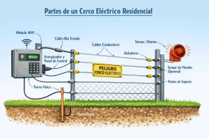 Diagrama de las partes de un cerco eléctrico residencial
