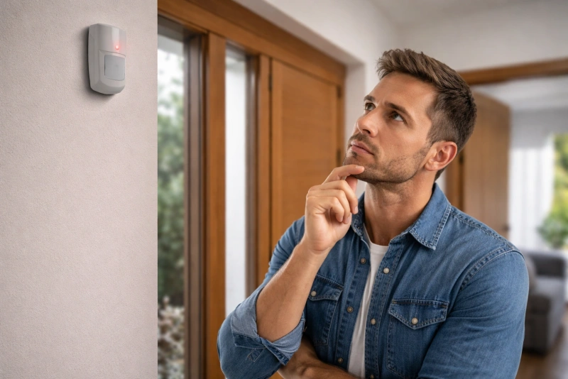 Persona revisando sistema de alarma contra robo en casa