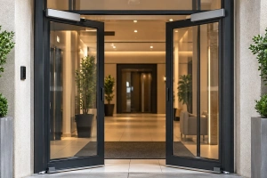 Puertas automáticas batientes en acción en un edificio moderno