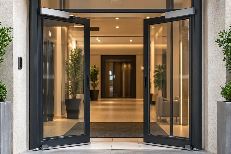 Puertas automáticas batientes en acción en un edificio moderno